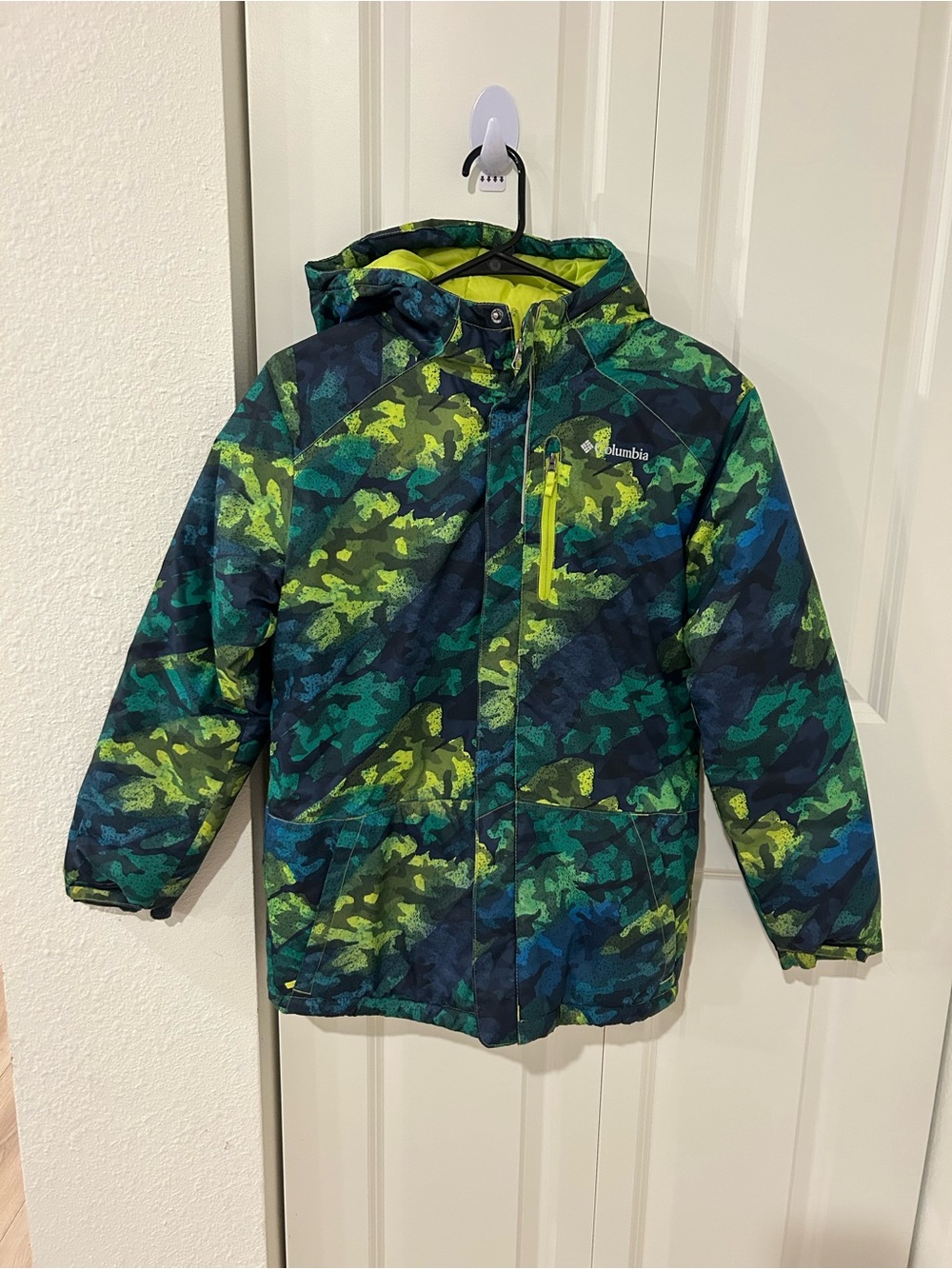 Columbia Boys' Neon Green & Navy Camo Hooded Puffer Coat